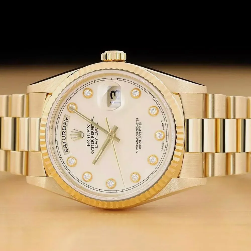 ROLEX MENS DAY-DATE CREAM DIAMOND DIAL 18K GOLD PRESIDENT WATCH BOX TAG